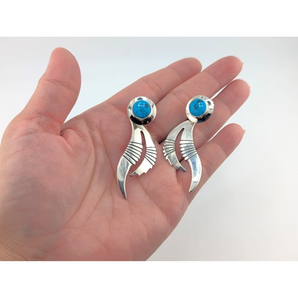 Navajo Earrings Handmade‎ Native American Kingman Turquoise NA Silver Jewelry ** - Picture 8 of 11